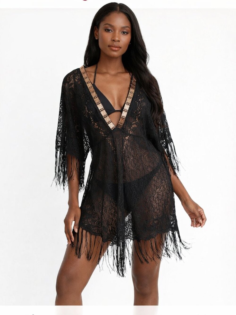 Despi Black Lace Fringe Swim Cover Up Sheer V Neck Resort Boho Beach SZ SP